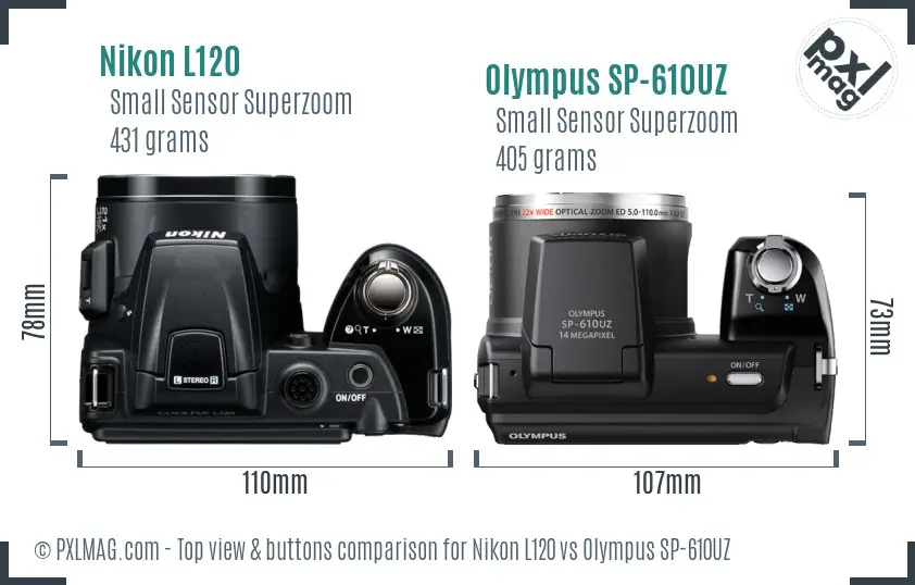 Nikon L120 vs Olympus SP-610UZ top view buttons comparison Nikon L120 vs Olympus SP-610UZ top view buttons comparison