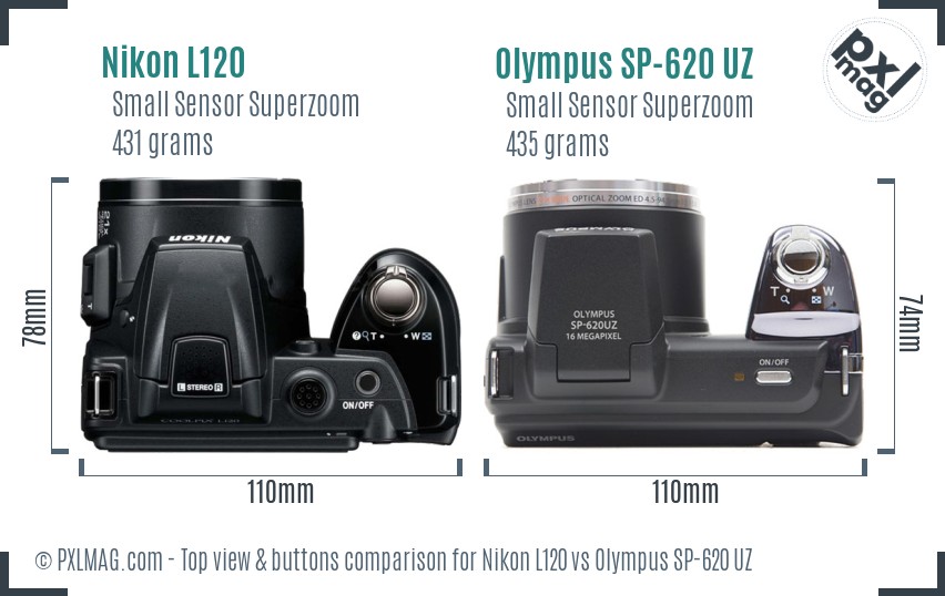Nikon L120 vs Olympus SP-620 UZ top view buttons comparison