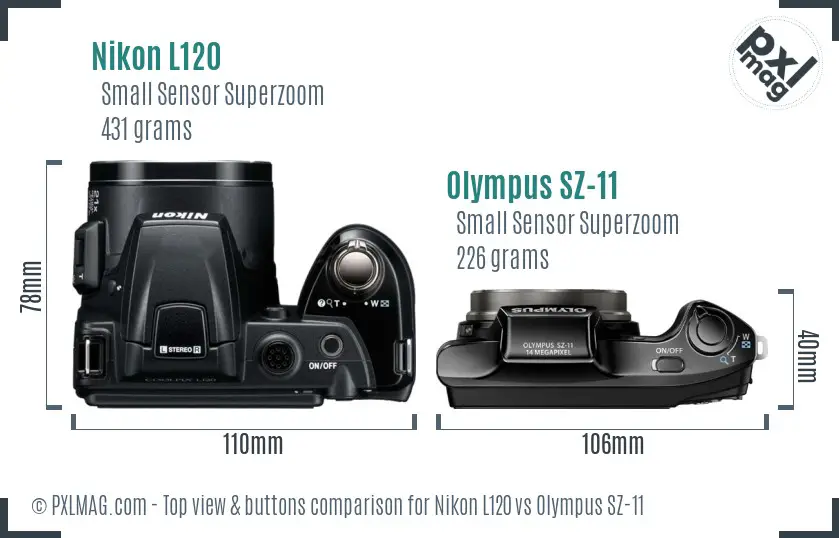 Nikon L120 vs Olympus SZ-11 top view buttons comparison Nikon L120 vs Olympus SZ-11 top view buttons comparison