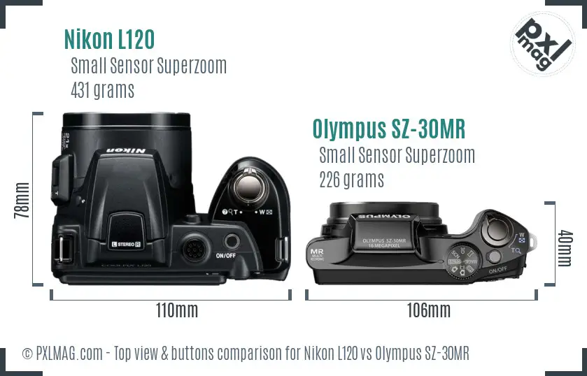 Nikon L120 vs Olympus SZ-30MR top view buttons comparison