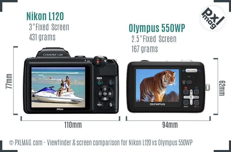 Nikon L120 vs Olympus 550WP Screen and Viewfinder comparison