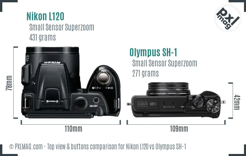 Nikon L120 vs Olympus SH-1 top view buttons comparison