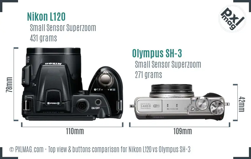 Nikon L120 vs Olympus SH-3 top view buttons comparison