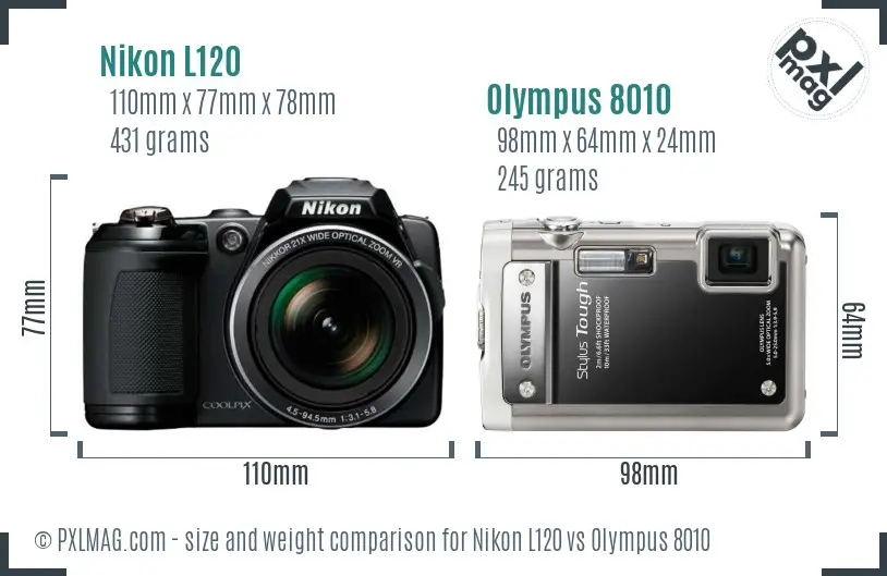 Nikon L120 vs Olympus 8010 size comparison