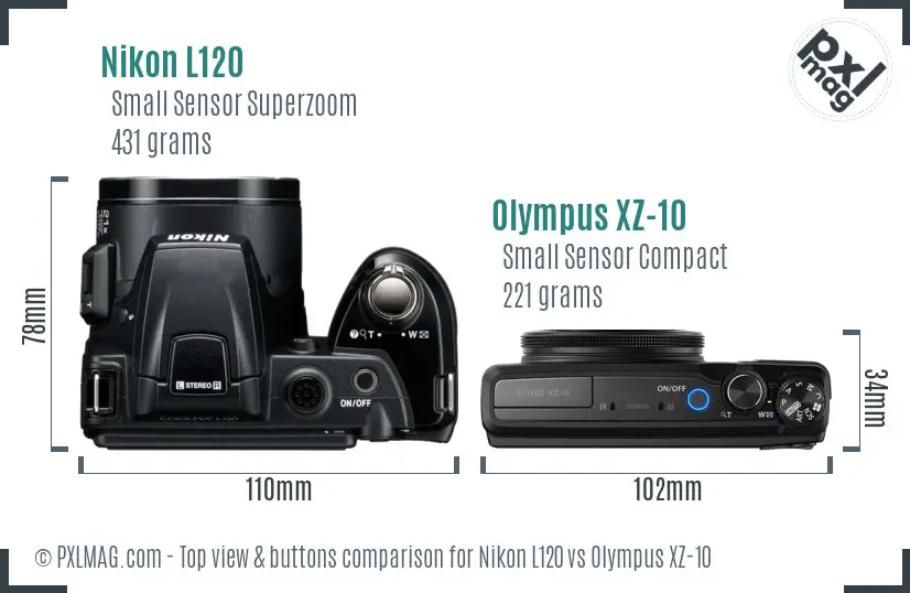 Nikon L120 vs Olympus XZ-10 top view buttons comparison Nikon L120 vs Olympus XZ-10 top view buttons comparison