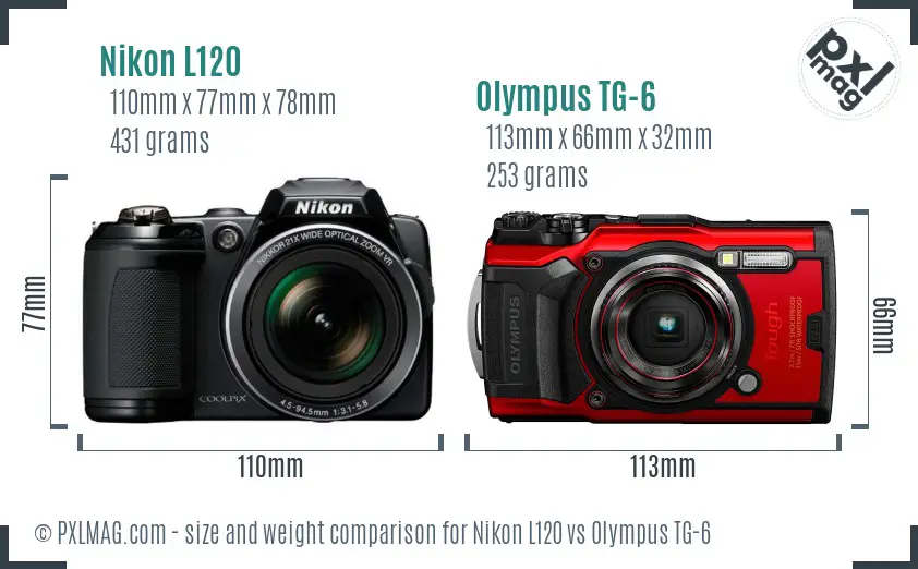 Nikon L120 vs Olympus TG-6 size comparison