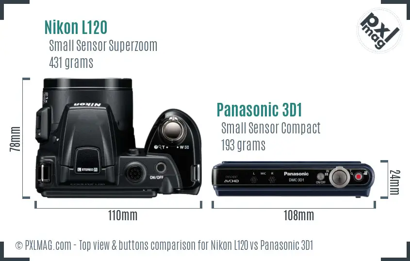 Nikon L120 vs Panasonic 3D1 top view buttons comparison Nikon L120 vs Panasonic 3D1 top view buttons comparison