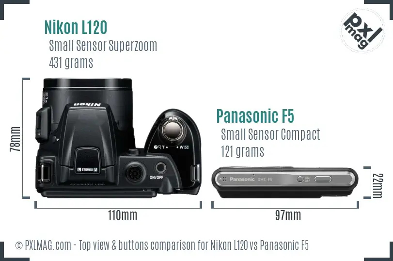 Nikon L120 vs Panasonic F5 top view buttons comparison