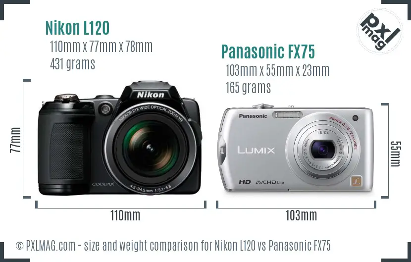 Nikon L120 vs Panasonic FX75 size comparison