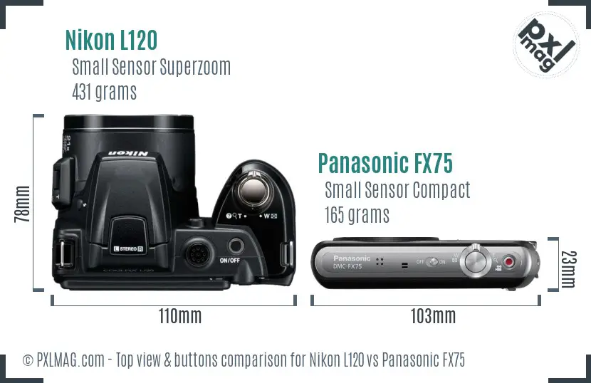 Nikon L120 vs Panasonic FX75 top view buttons comparison