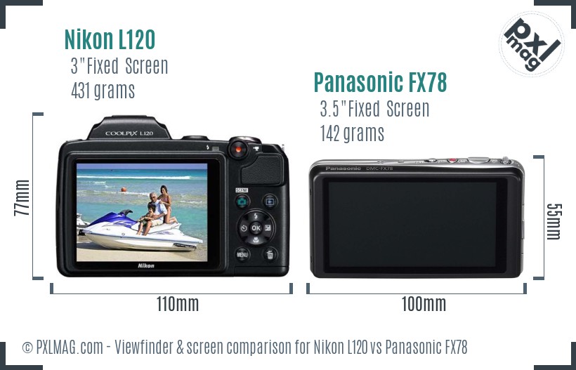 Nikon L120 vs Panasonic FX78 Screen and Viewfinder comparison