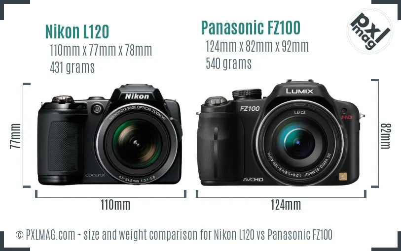 Nikon L120 vs Panasonic FZ100 size comparison