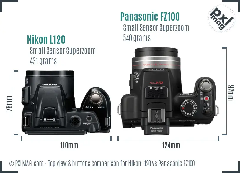 Nikon L120 vs Panasonic FZ100 top view buttons comparison