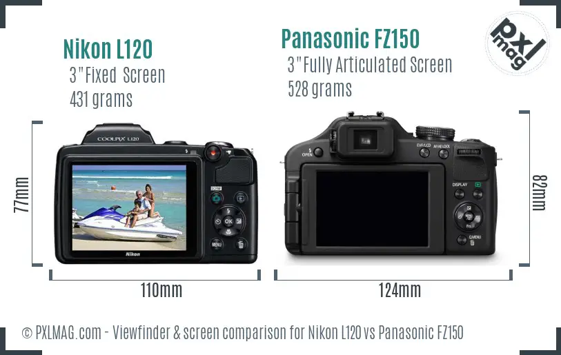 Nikon L120 vs Panasonic FZ150 Screen and Viewfinder comparison