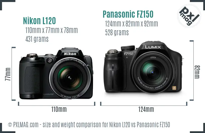 Nikon L120 vs Panasonic FZ150 size comparison