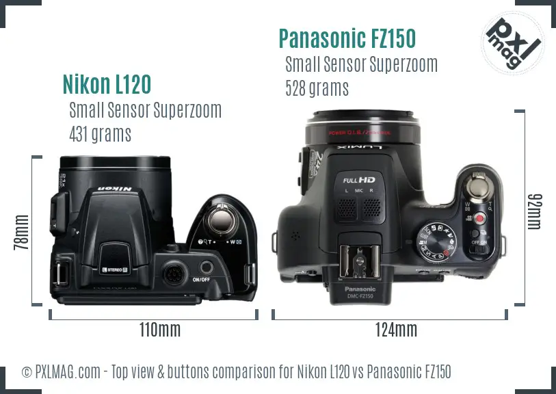 Nikon L120 vs Panasonic FZ150 top view buttons comparison