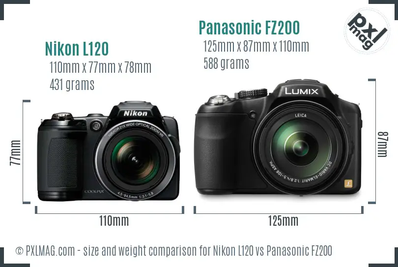 Nikon L120 vs Panasonic FZ200 size comparison
