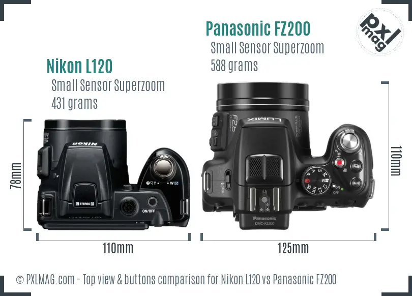 Nikon L120 vs Panasonic FZ200 top view buttons comparison