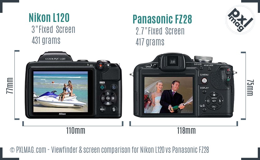 Nikon L120 vs Panasonic FZ28 Screen and Viewfinder comparison