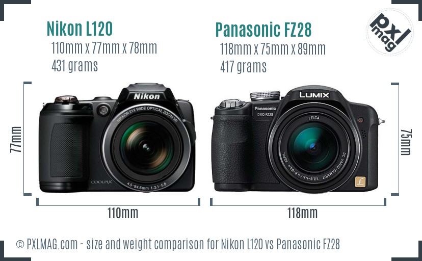 Nikon L120 vs Panasonic FZ28 size comparison