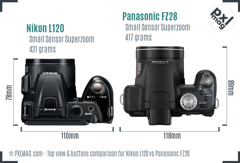 Nikon L120 vs Panasonic FZ28 top view buttons comparison