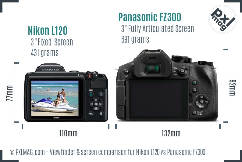 Nikon L120 vs Panasonic FZ300 Screen and Viewfinder comparison