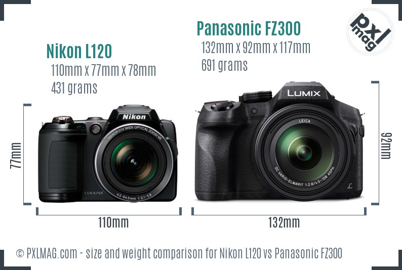 Nikon L120 vs Panasonic FZ300 size comparison