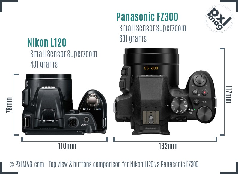 Nikon L120 vs Panasonic FZ300 top view buttons comparison