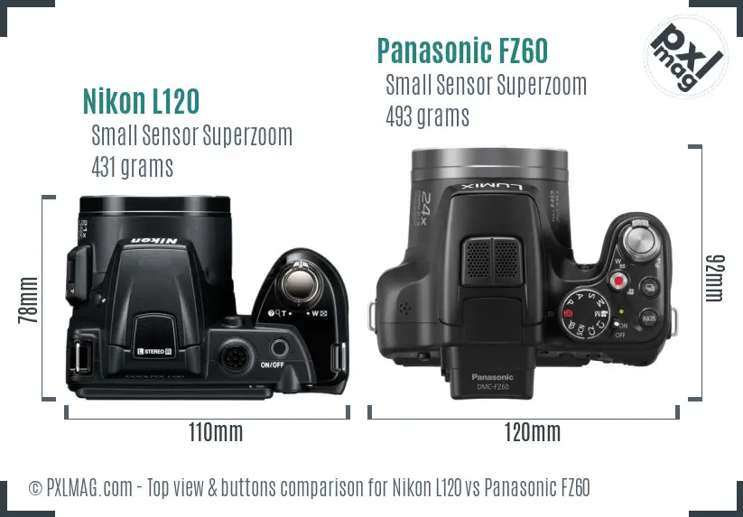 Nikon L120 vs Panasonic FZ60 top view buttons comparison Nikon L120 vs Panasonic FZ60 top view buttons comparison