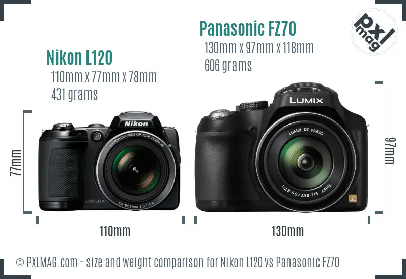 Nikon L120 vs Panasonic FZ70 size comparison