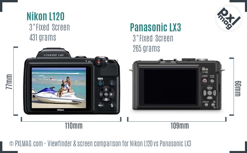 Nikon L120 vs Panasonic LX3 Screen and Viewfinder comparison