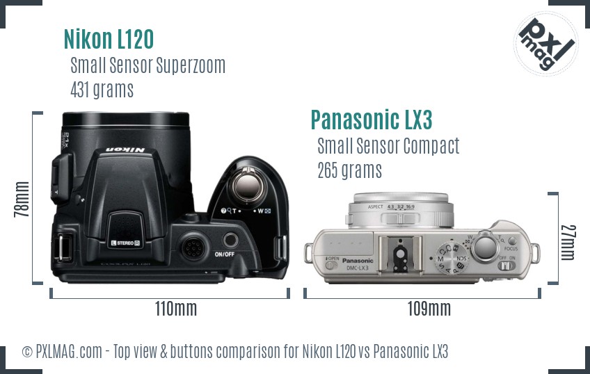 Nikon L120 vs Panasonic LX3 top view buttons comparison
