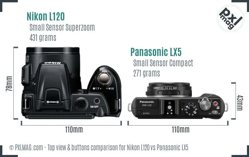 Nikon L120 vs Panasonic LX5 top view buttons comparison