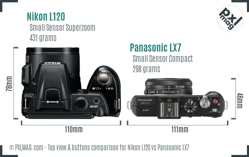 Nikon L120 vs Panasonic LX7 top view buttons comparison