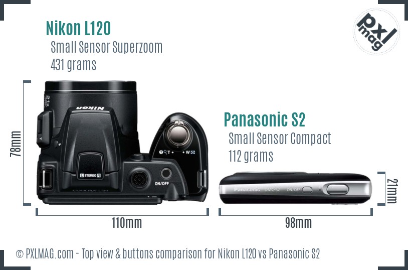Nikon L120 vs Panasonic S2 top view buttons comparison