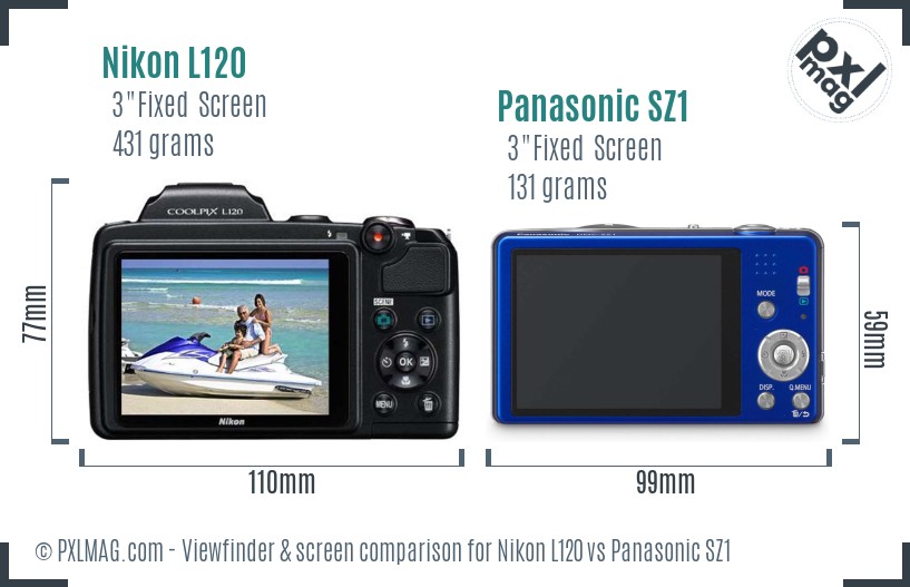 Nikon L120 vs Panasonic SZ1 Screen and Viewfinder comparison