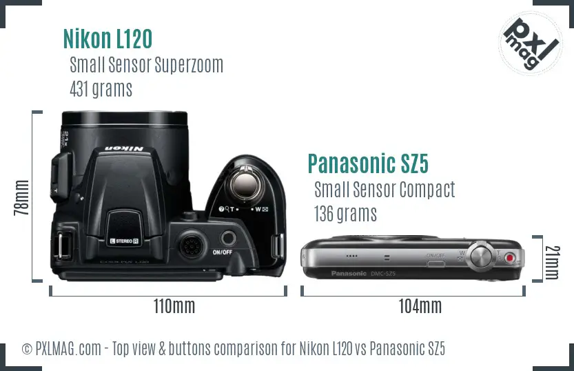 Nikon L120 vs Panasonic SZ5 top view buttons comparison Nikon L120 vs Panasonic SZ5 top view buttons comparison