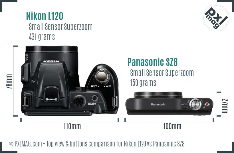 Nikon L120 vs Panasonic SZ8 top view buttons comparison