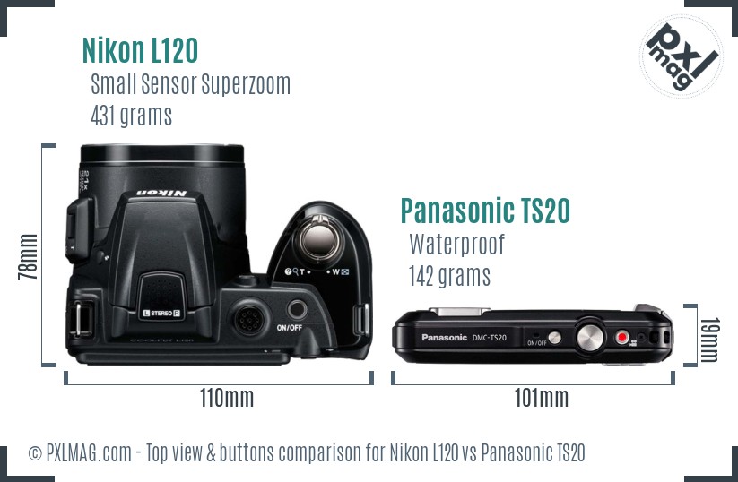 Nikon L120 vs Panasonic TS20 top view buttons comparison