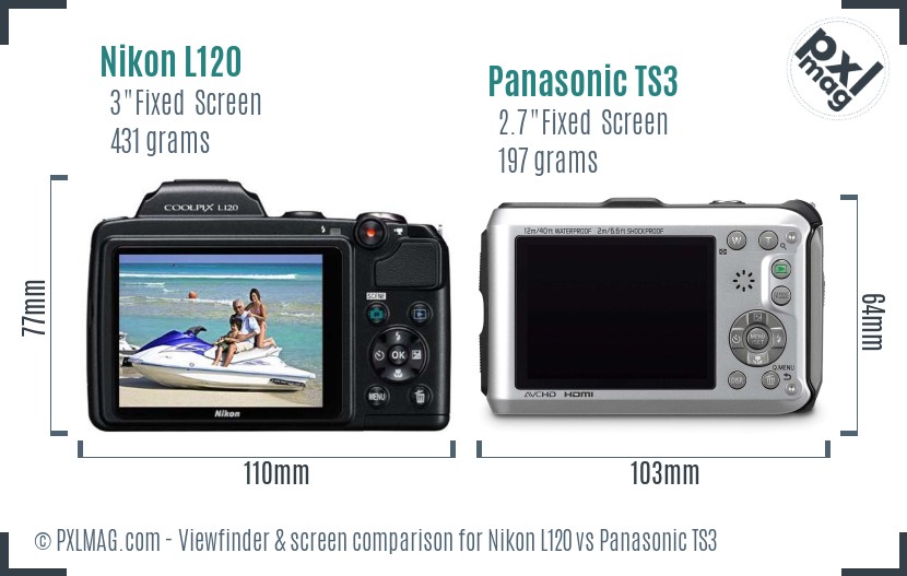 Nikon L120 vs Panasonic TS3 Screen and Viewfinder comparison