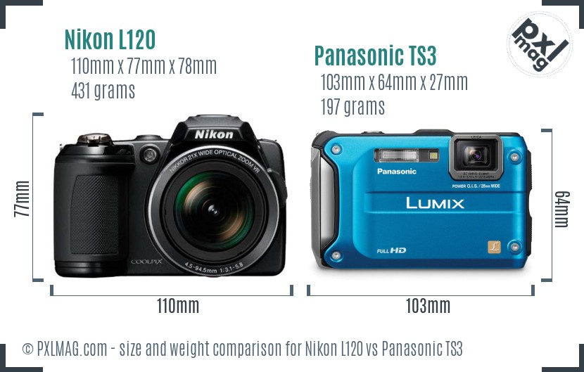 Nikon L120 vs Panasonic TS3 size comparison