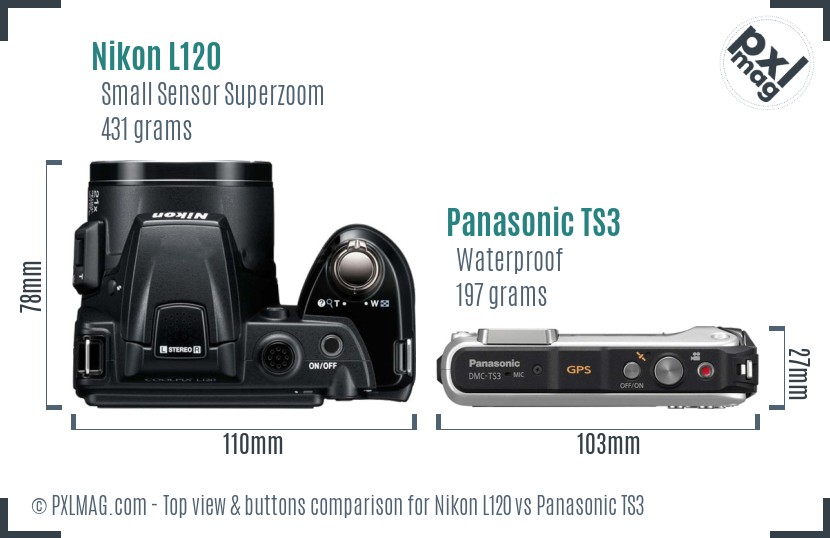 Nikon L120 vs Panasonic TS3 top view buttons comparison