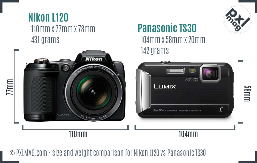 Nikon L120 vs Panasonic TS30 size comparison
