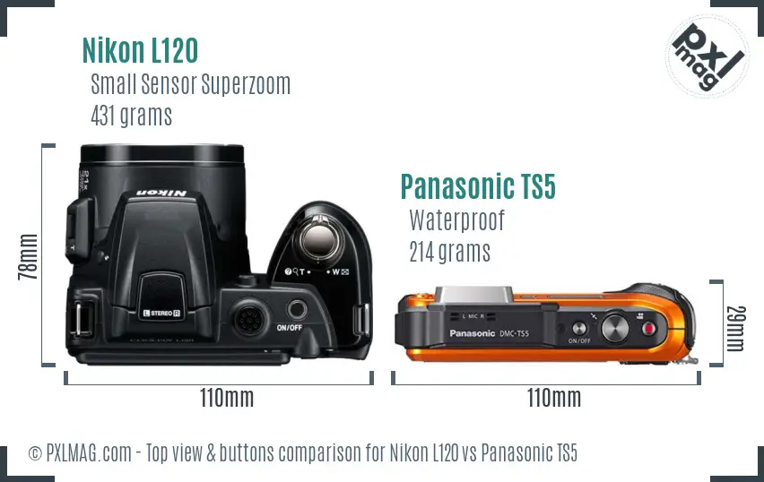 Nikon L120 vs Panasonic TS5 top view buttons comparison