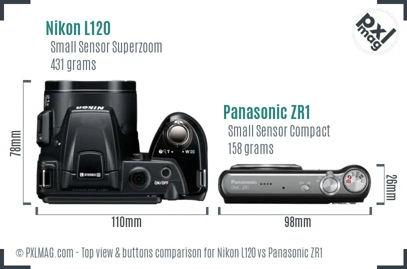 Nikon L120 vs Panasonic ZR1 top view buttons comparison
