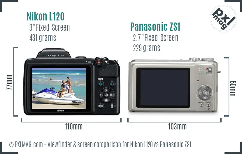 Nikon L120 vs Panasonic ZS1 Screen and Viewfinder comparison