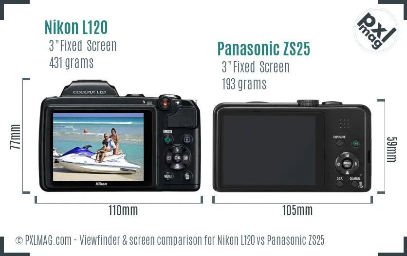 Nikon L120 vs Panasonic ZS25 Screen and Viewfinder comparison