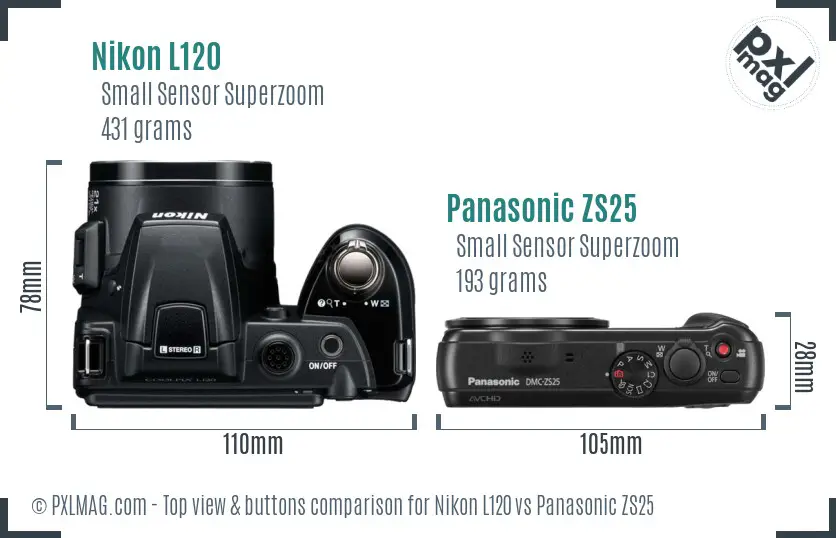 Nikon L120 vs Panasonic ZS25 top view buttons comparison