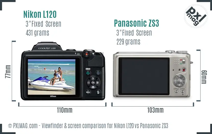 Nikon L120 vs Panasonic ZS3 Screen and Viewfinder comparison