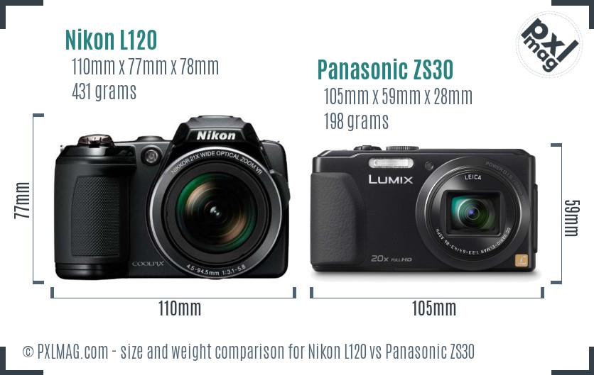 Nikon L120 vs Panasonic ZS30 size comparison